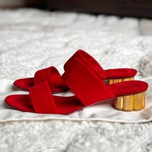 Salvatore ferragamo red suede gold block heel strappy heel sandals mule 8